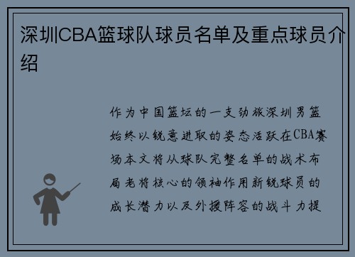 深圳CBA篮球队球员名单及重点球员介绍